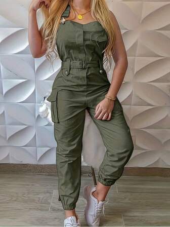 European & American Style Women Cargo Pocket Design Jumpsuit, Casual Sleeveless Bib Pants With Drawstring Waist & Belts