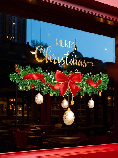 1 件圣诞窗饰 - 静电贴“圣诞快乐”金色字母红色装饰，松枝图案，PVC 贴纸，适用于家庭、商店、派对 - 易于粘贴的节日装饰，优雅的字体设计家居装饰