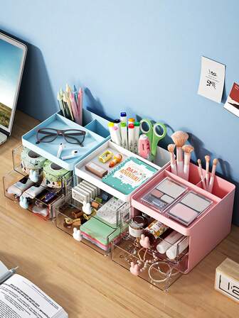 1 pieza Caja de almacenamiento de escritorio, Organizador de tocador, Caja de exhibición de cosméticos, Organizador de cajón de escritorio de oficina pequeño con compartimentos para bolígrafos, tarjetas, lápices, teléfonos, artículos de papelería, para oficina, escuela, hogar