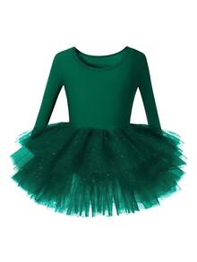 Girls' Solid Color Round Neck Long Sleeve Tulle Ballet Dress, Children Swan Ballet Dance Costume - Green - View 12