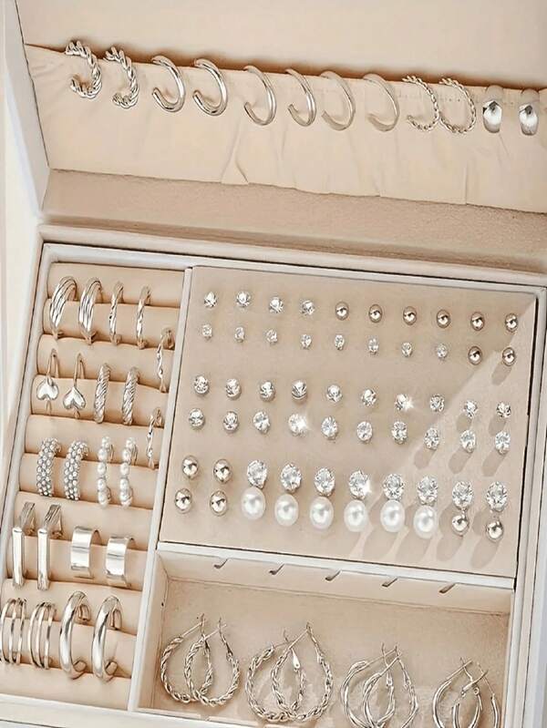 102 Pieces Of Fashionable Women's Earring Jewelry Set-Lovely Simple Style, Zinc Alloy Earrings With Faux Pearl And Artificial Rhinestones, Daily And Party Wear Earrings-(No Box)[Random Delivery]