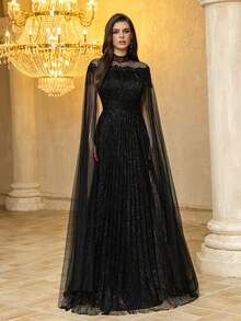 UNITHORSE [Random Print] Women's Stand Collar Fringe Sleeve Fitted Evening Dress Wedding - Black - View 4