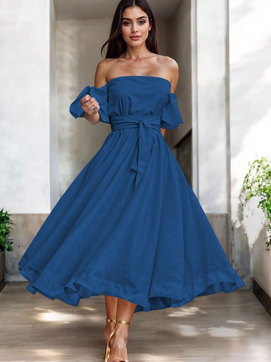 Vestido Midi Hombros Descubiertos Volante Decorativo Cintura Ceñida Falda Acampanada Corte Elegante Silueta Fluida Diseño Moderno Casual Y Elegante Moda Mujer Vestido Clásico