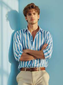 Mercer Haus Men's Light Blue Striped Collar Long Sleeve Polyester Shirt, Casual, Button, Button Front, Ribbed, Spring/Fall, Button Down Shirt, Comfortable Gift For Father/ Husband - Baby Blue - View 12