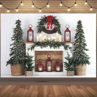 圣诞主题背景布，饰有壁炉、圣诞树、白色蜡烛和灯笼图案。非常适合圣诞派对、生日派对、洗礼派对、摄影、室内墙面装饰以及家庭客厅装饰。