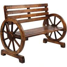 Outvita Wooden Wagon Wheel Bench, Rustic Outdoor Lounge Furniture, 2-Person Seat Bench With Backrest & Slatted, Carbonized - Brown - View 4