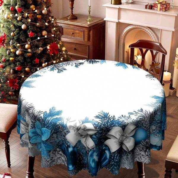 1pc Blue Christmas Theme Round Tablecloth, Christmas Tree, Blue Branches, Bells, Snowflakes, Bow Pattern Tablecloth, Christmas Decor, Suitable For Indoor And Outdoor Use - Easy To Clean Holiday Dining Tablecloth, 152cm*152cm