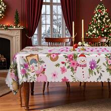 1pc Pink Christmas Theme Rectangular & Round Tablecloth, Santa Claus & Snowman Pattern Tablecloth With Red Berries, Green Pine Branches, Pink Flowers, Christmas Decor, Suitable For Indoor & Outdoor Use - Easy To Clean Holiday Dining Tablecloth, Multiple Size Options Available