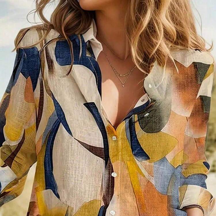 Camicetta casual a maniche lunghe con stampa floreale, taglie comode per donna, primavera - Multicolore - Visualizzare 4