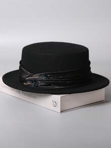 1 peça chapéu de feltro de lã com estampa floral francesa, cetim com strass, acabamento na cintura, chapéu de feltro de lã 100% feito à mão, aba larga, moderno e versátil, lançamento de 2025