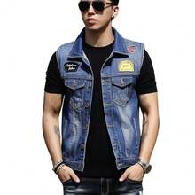 Icebanner Classic Men's Denim Vests Jacket Cowboy Punk Hip Hop Vest Wash Jean Waistcoat Embroidered Motorcycle Motorbike Riding Waistcoats - 黑色 - 查看 9