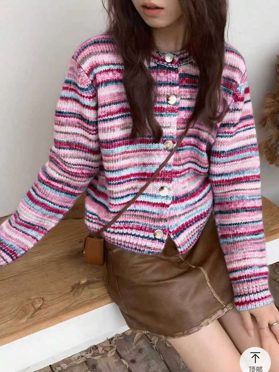 EAVA 女士秋冬系列彩色条纹、法式复古风、青春活力、慵懒时尚撞色可爱针织开衫外套，情人节、女士情人节穿搭、情人节服装 - 玫紅色 - 查看 1