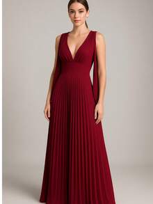 Long Pleated Dress V-Neckline Bridesmaid Dress For Wedding Graduation And Parties - Gỗ đỏ - Xem 1
