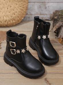 1 par de botas deportivas casuales de estilo europeo con cremallera lateral de piel sintética para niñas, adecuadas para todas las estaciones