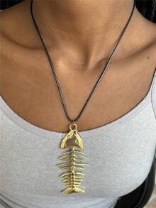 Summer Ocean Fish Bone Rope Necklace, Stainless Steel Pendant Necklace