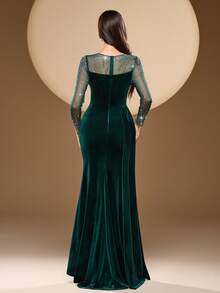 Elisanya Women's Solid Color Round Neck Mesh & Velvet Patchwork, Heavy Rhinestone Decor, Ribbon Tie Elegant Maxi Long Sleeve Dress, Suitable For Parties, Banquets, Galas - Dark Green - View 2