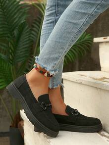 Women's Autumn/Winter New Comfortable Thick Sole Casual Daily Commute Black PU Versatile Flats, Fashionable School Style Slip-On Decorated Button Loafers, Mary Jane Student Shoes - Black - View 6