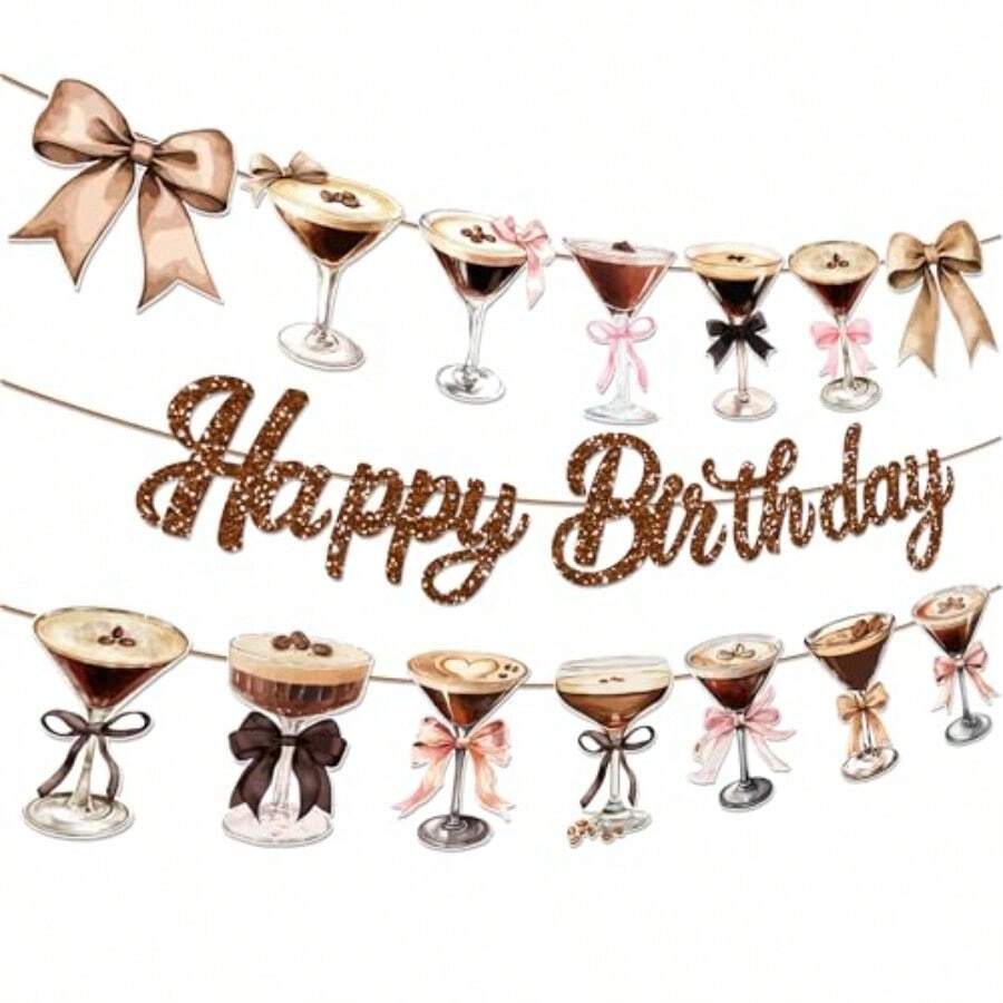 D3 Pcs Espresso Martini Party Banner Garland Espresso Martini Glasses Happy Birthday Party Banners For Martinis Birthdays Decorations Coffee CocktailThemed Cup Garlands For Bachelorette Party Supplies10 - 棕色 - 查看 1
