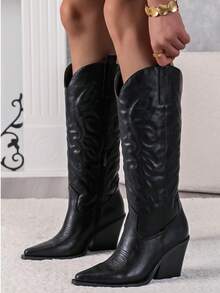 Botas occidentales de tacón grueso con punta puntiaguda y bordado simétrico para mujer, nuevas botas de tobillo y botas cortas de cuero con cierre de otoño/invierno - Negro - Ver 1