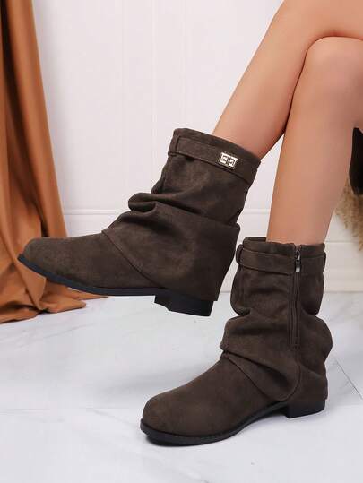 2025 Western Ruched Ankle Boots For Women, Autumn/Winter Vintage Cowboy Riding Boots With Buckle, Holiday Style