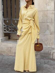 3pcs Women's Elegant Solid Color Shirt + Skirt Set, Front Button Closure, Suitable For Vacation, Office, Daily Wear, Spring/Autumn - Yellow - View 5