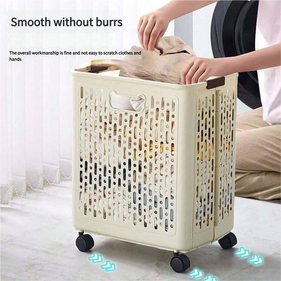 1/2pc Ultra Large Capacity Foldable Cream Colored Roller Laundry Basket - Storage Artifact, Space Saving - Suitable For Multiple Scenarios Such As Bathrooms, Laundry Rooms, And Balconies