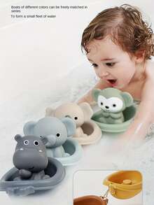 Colorful Floating Animal Bath Toy Set - Stackable Boats And Animals In Khaki, Gray, Green, Blue And Yellow Colors - Durable ABS Resin Material - Perfect For Bathtub Play, Ideal Holiday And Birthday Gift For Boys And Girls, Bath Toy Set | Quirky Animal Shapes | ABS Resin Toys, Bath Toys - Multicolor - View 4