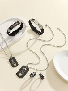 ATLVXJL 6pcs/Set Couple Friendship & Love Glow-In-The-Dark Heart, Crown, Her King & His Queen Pendant Necklace, Silicone Bracelet, Ring Jewelry Set, Casual Accessories Suitable For Daily Wear And Holiday Gift