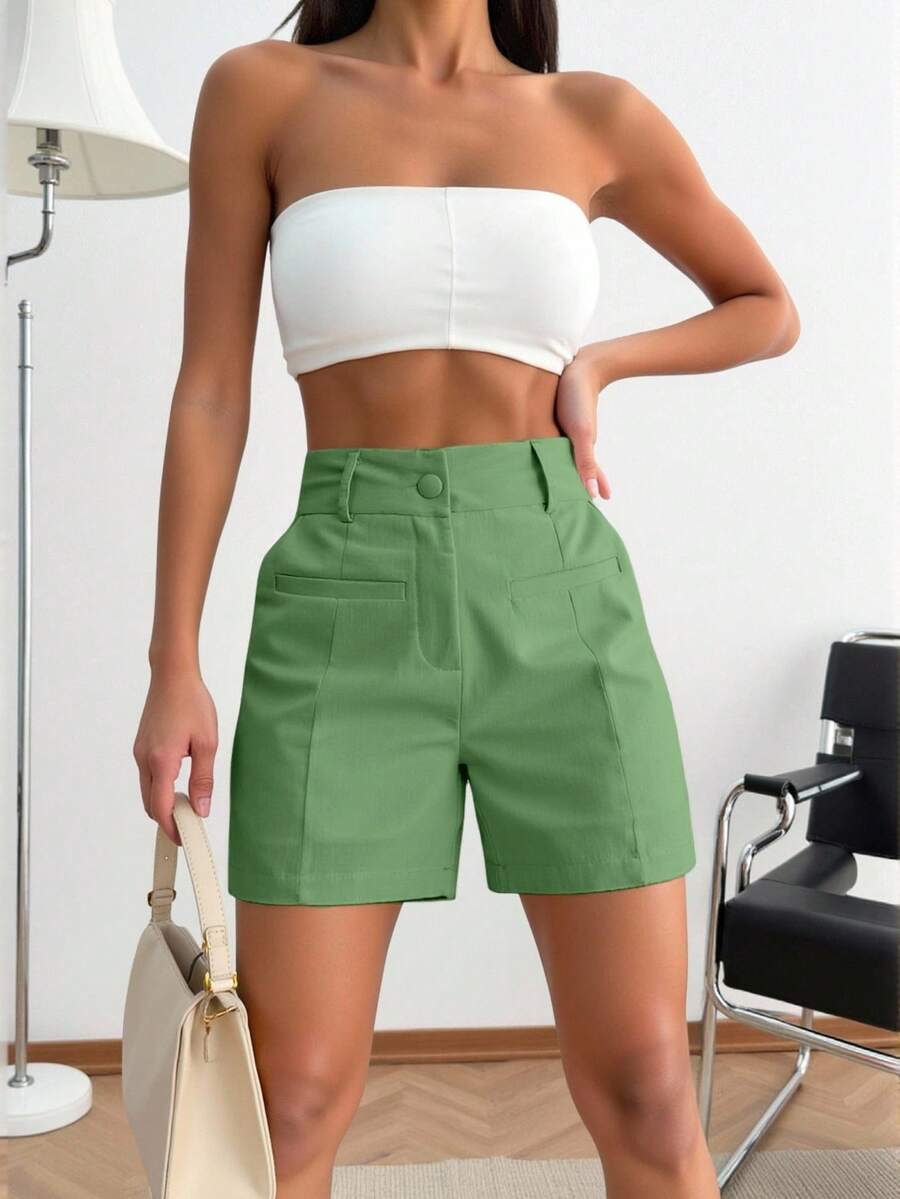 Sily Moda Women's Shorts In Viscose Linen With Fake Lapena Pocket, Minimalist Elegance / Has Lining - 綠色的 - 查看 1