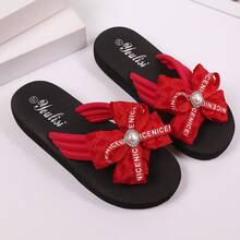 Sandalias de verano con lazo de encaje de moda, con decoración de punta abierta, elementos glamorosos de perlas, regalo perfecto para mujeres y niñas