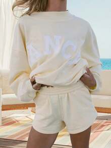 Women's Sweat Set Loose Fit Casual Stylish Letter Embroidered Long Sleeve Sweatshirt And Wide Leg Shorts 2 Pcs Set Fall Going Out Tops And Pants Sweatshirt - Light Yellow - View 4