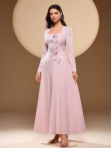 Robe carrée à col carré pour femme, de couleur unie, avec décoration florale élaborée de perles et de broderie. Robe longue à manches longues et évasée, convenant à de multiples occasions, rose, mariage de printemps - Rose bonbon - Voir 6