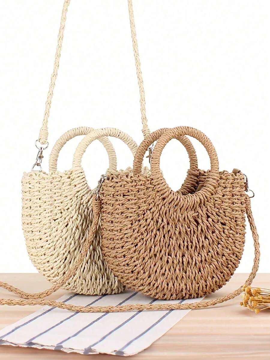 1 Stück Halbmond-Handtasche, einfacher Stil, Halbkreis Strohbeutel, handgewebter Strandtasche, modischer Strandurlaubs-Strohtasche, Urlaubstasche für Frauen, Urlaubstasche für den Sommer, perfekt für Strandurlaub, Reisen, Einkaufen und Urlaubsutensilien