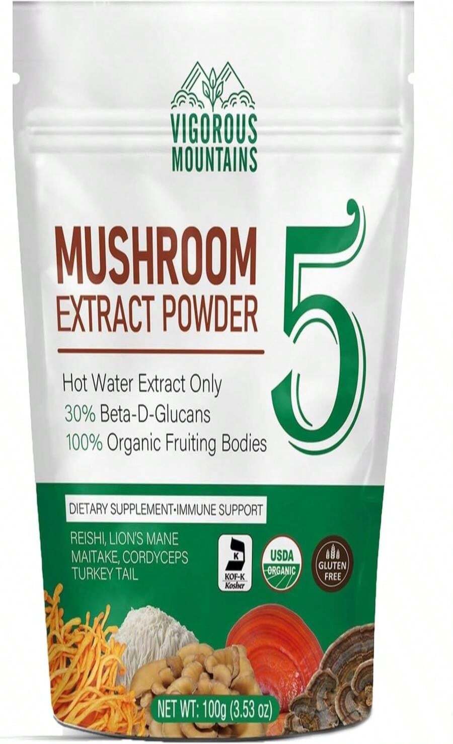 VIGOROUS MOUNTAINS Organic Mushroom Supplement Powder, 30% β-D-Glucan, USDA Certified, Premium Mushroom Complex Blend For Immune Support, Brain Focus, Easy Mix In Coffee &Amp; Tea - 白色的 - 查看 1