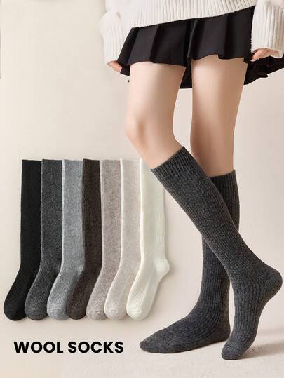1 Pair Women's Knee-High Socks, Multi-Color Wool Blend, Warm & Fashionable Retro Style Tall Socks For Women, Suitable For Daily Wear In Autumn/Winter