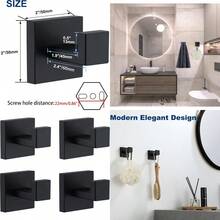 PThink Ganchos de Pared Cuadrados 4 pzs Acero Inoxidable 304 Montaje con Tornillos Ocultos Perchero Gancho para Toallas y Abrigos 4 Negro Mate - NegroMate - Ver 1