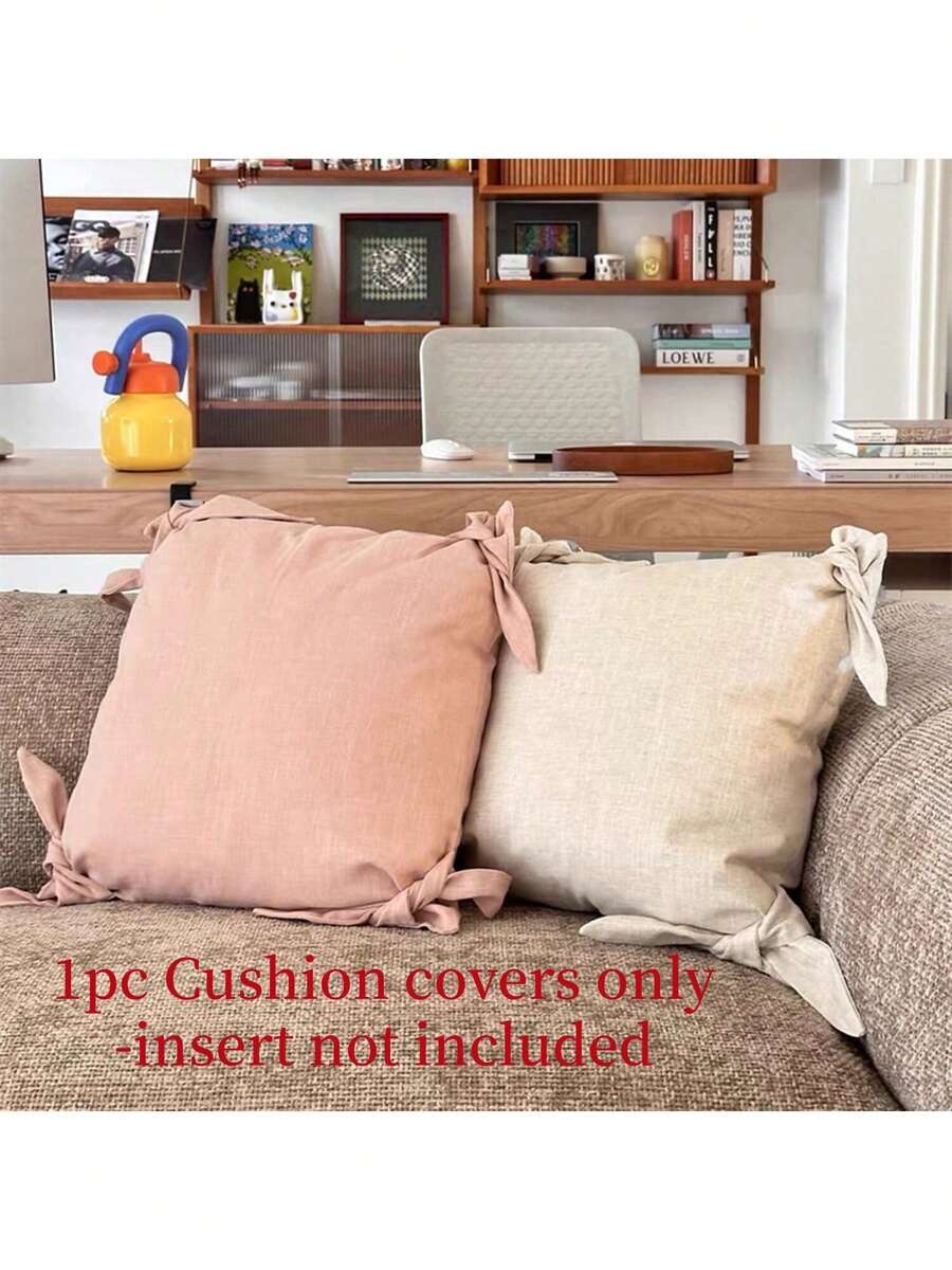 1件柔软舒适的粉色蝴蝶结亚麻装饰抱枕套，适用于客厅、沙发、卧室，四季皆宜