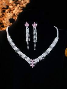 5 件微镶嵌锆石几何设计优雅首饰套装：项链、耳环、手链和戒指，适合女性日常通勤、婚礼、派对、节日、节日礼物 - 精緻項鍊套裝 - 查看 4