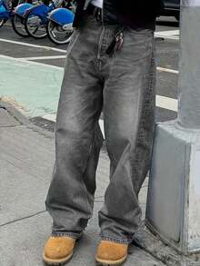 Plus Size Men Casual Street Hip Hop Loose Fit Denim Jeans - Grey - View 1