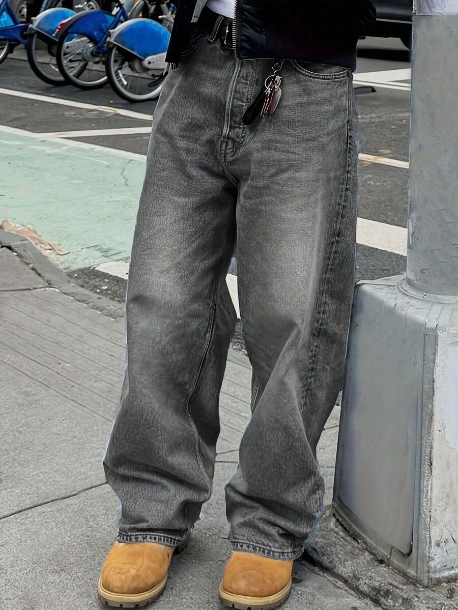 Plus Size Men Casual Street Hip Hop Loose Fit Denim Jeans - Grey - View 1