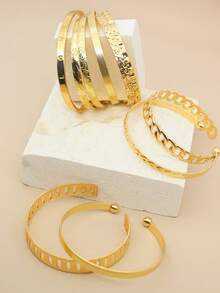 7pcs/9pcs/10pcs/14pcs Fashion Star & Heart Pattern Open Bangle Bracelet Set For Women, Geometric Multi-Element Design, Suitable For Daily Wear, Vacation, And Stylish Gifts