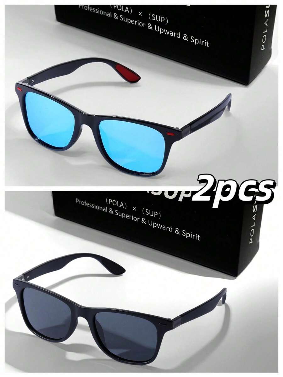 POLASUP 2pcs Polarized Lens Classic Travel & Hiking Style Polarized Glasses, Red Design With Red Rivets, Silicone Anti-Slip Nose Pads, Fashion Street Wear - 1*black Frame/blue Film + 1*black Frame/all Gray (without Box) - View 1