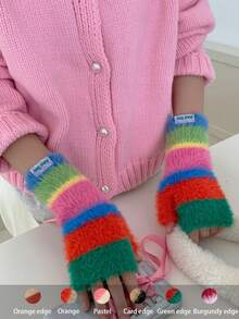 Guantes de punto para mujer con rayas de felpa, guantes sin dedos de invierno cálidos con rayas de colores contrastantes, guantes de punto de medio dedo cortos para exteriores, ciclismo, Accesorios de invierno, Guantes de oso, Navidad