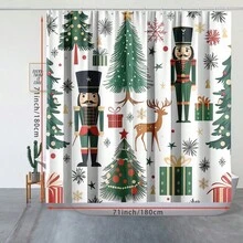 1 pieza Cortina de ducha de Cascanueces y Árbol de Navidad - Poliéster, blanco con diseño de pino y ciervo, incluye ganchos, perfecto para la decoración del baño - Multicolor - Ver 6