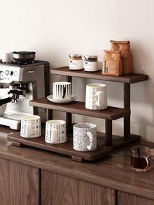 胡桃木色桌面阶梯式搁板——时尚多层展示架，适合摆放马克杯、香水、口红和化妆品。配有香水展示架、杯托和加固加厚梯形结构。适用于厨房、客厅、浴室、卧室和家居装饰。 - 胡桃色 - 查看 6