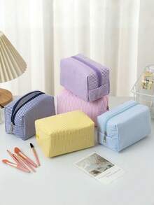 1个泡泡雪纺化妆包，大容量手提洗漱包，刺绣条纹旅行化妆收纳包，假日度假必备，女士旅行包 - 彩色 - 查看 3