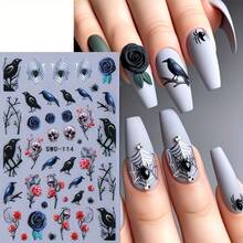 2pcs Halloween-Themed Nail Stickers With Skulls, Roses, Birds & Spiders - Self-Adhesive, Glossy Finish, Single Use, Perfect For Scary Season Manicures, Halloween Nail Art | Skull & Rose Design | Glossy Finish Stickers, Halloween Nail Stickers - 彩色 - 查看 5