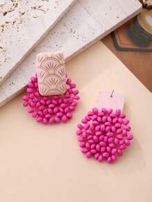 一对手工制作的简约木质串珠雕刻几何耳环，适合度假、派对和日常佩戴 - 粉色 - 查看 6