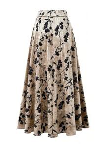 EARO 时尚杏色丝绒印花休闲简约日常百搭高腰显瘦弹力腰及膝A字裙，优雅品质，秋冬春季 - 杏色 - 查看 2