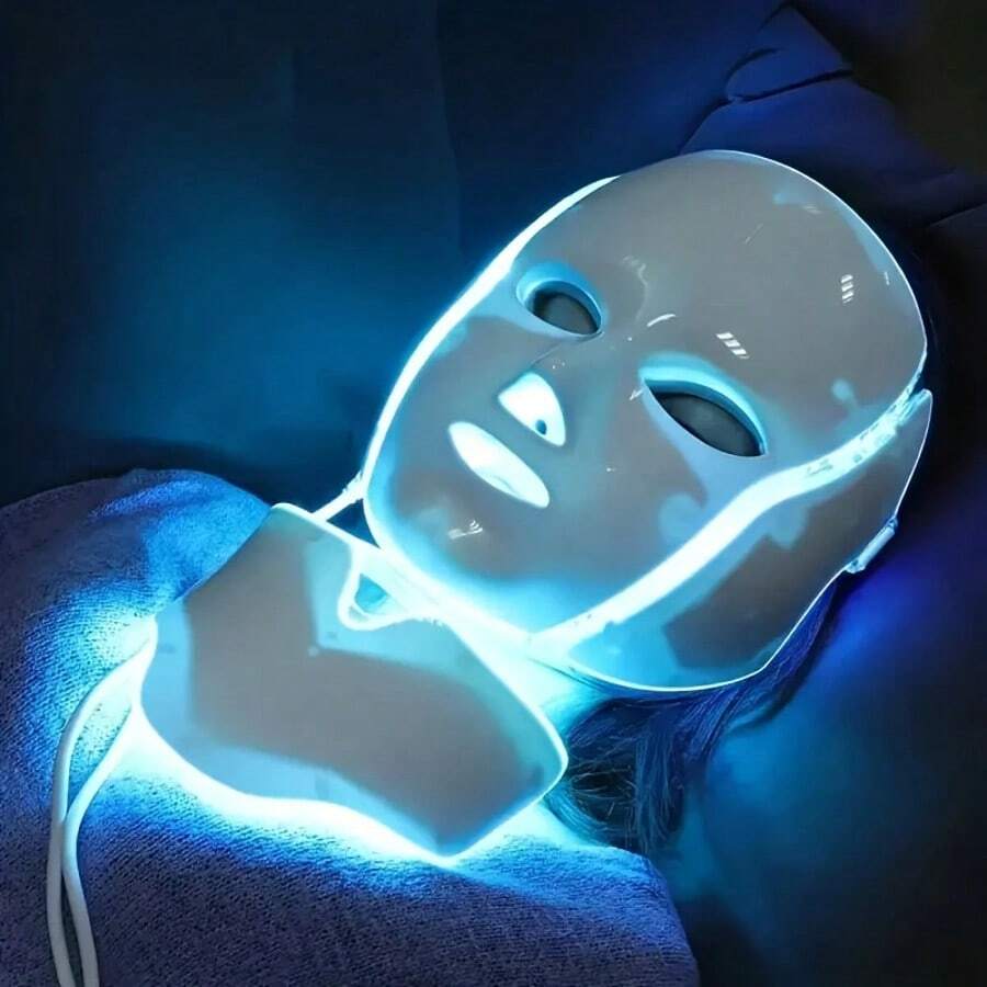 [LED Facial Mask Beauty Device] Seven-Color LED Facial Mask Beauty Device - Household Plug-In Facial Care Instrument For Face And Neck - Convenient Home Skincare - Xem 1